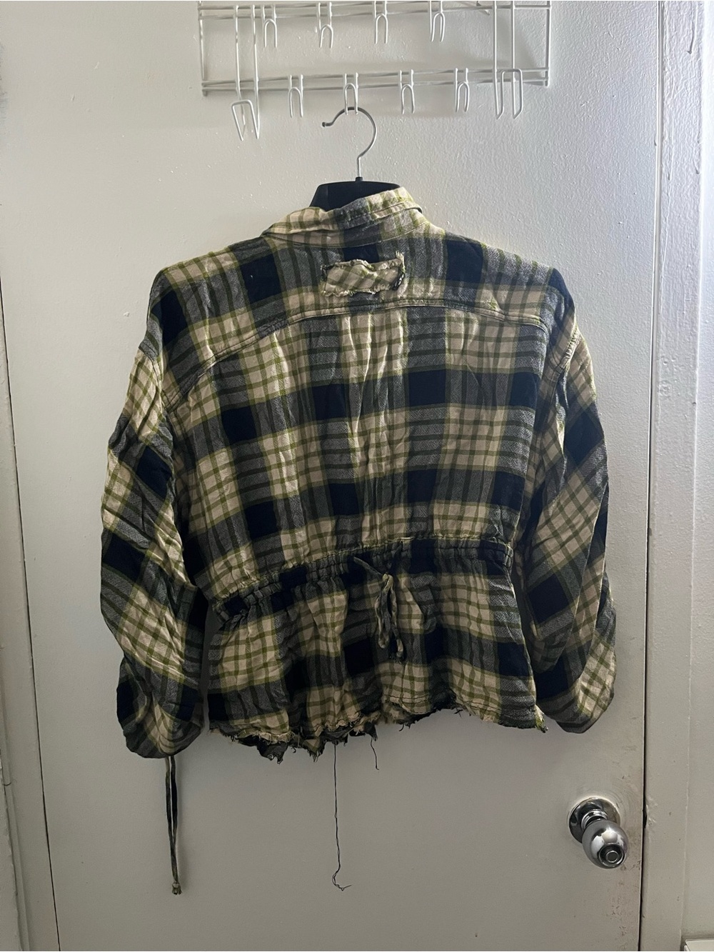 We The Free Green Black Plaid Drawstring-Waist Button-Front Top - Picture 2 of 6